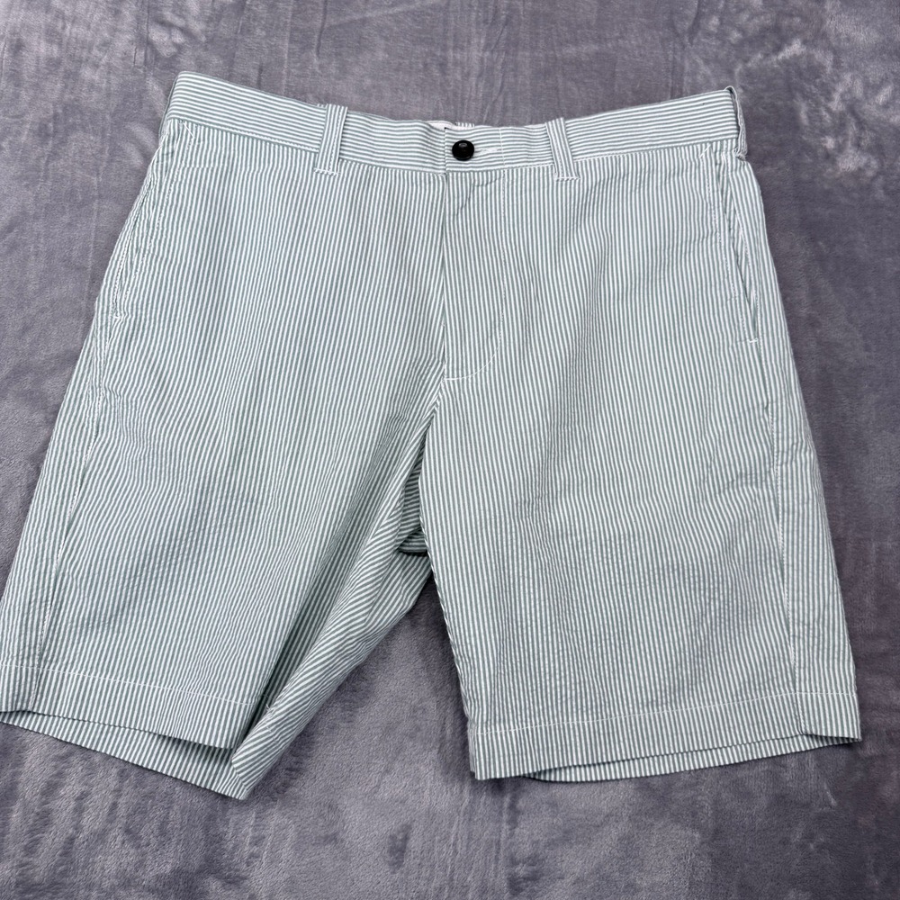 J Crew Shorts 32W Mens Green White Striped Seersucker Stretch 9In Flat Front NWT